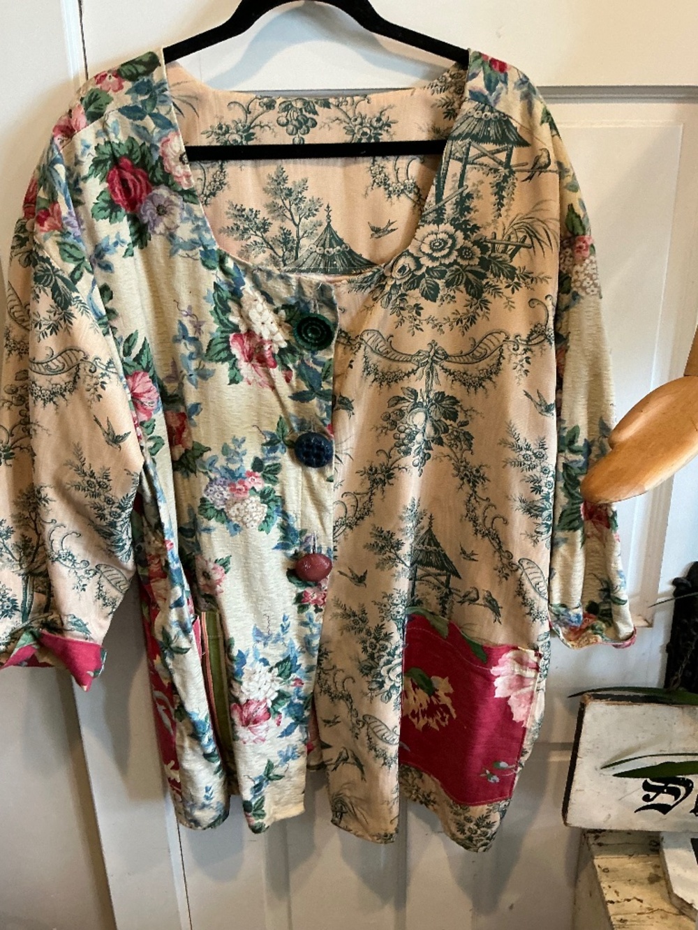 Designer chore coat made from vintage fabric and buttons!  Oversized to plus!